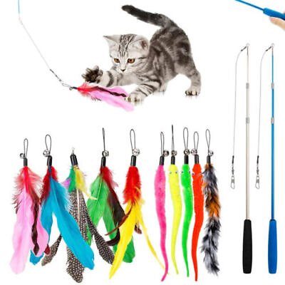 #ad 12Pcs Kitten Cat Toy Feather Bell Wand Teaser Rod Interactive Play Pet Toys Gift $8.95