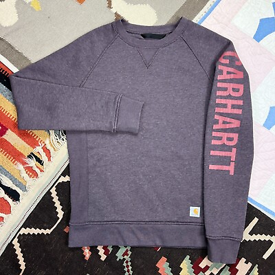 #ad Carhartt Sweatshirt Crewneck Purple Sleeve Spellout Workwear Women#x27;s Small $24.95