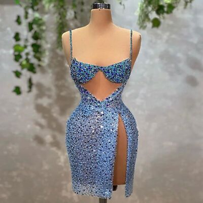 #ad Women Sexy Glitter Sequine Beaded Spaghetti Strap Dress Sleeveless Party Dresses $196.85