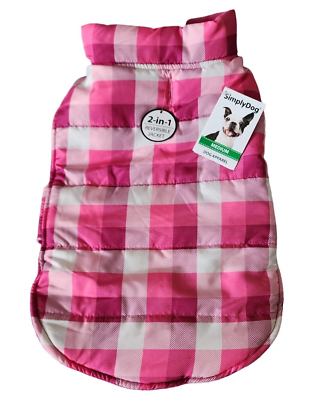 #ad Simply Dog Fleece Lined Reversible Pink Plaid Puppy Dog Jacket Coat Medium $12.00