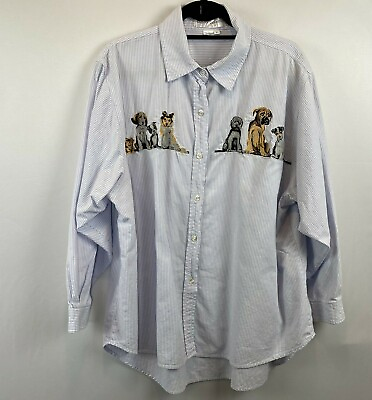 #ad Vintage Casey Coleman Embroidered Dogs White Blue Button Down Oversized 1X $13.11