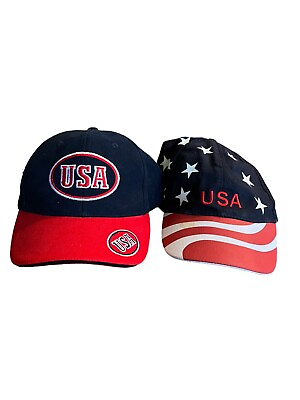#ad USA HATS American Pride Caps Red White Blue Flag United States Adult Size Strap $20.01
