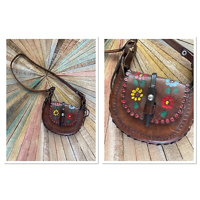 #ad Hippie Boho Shoulder Bag Purse 1970#x27;s Tooled Brown Leather Hand Painted Flowers $50.00