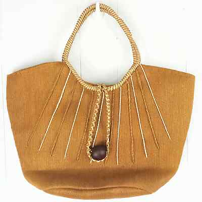 #ad Large Round Handle Jute Tote Purse Bag Mustard Yellow Brown Color Boho $23.39