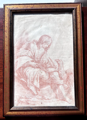 #ad FRAMED ANTIQUE CHRISTIAN SAINT ST. JOHN AND EAGLE RED CHALK SKETCH DRAWING A341 $800.00