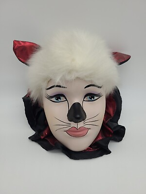 #ad Vintage 1990 Clay Art Face Mask Hanging Wall Art Handpainted feline cat female $15.99