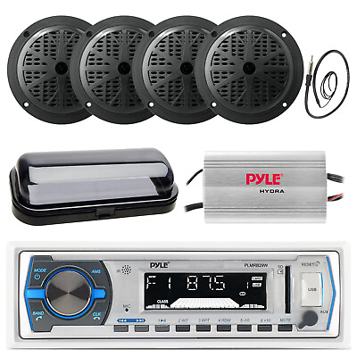 #ad Pyle PLMRB29W Marine FM AM AUX USB Receiver w Cover Amp 4x Speakers Antenna $145.49