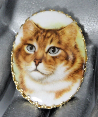 #ad West Germany Cat Brooch Porcelain Cameo Pet Portrait Pin Orange Tabby Gift Vtg $22.88