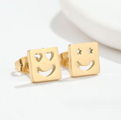 #ad Silver Gold Tiny Square Star Heart Eyes Happy Smile Face Titanium Stud Earrings $9.99