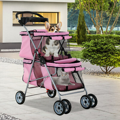 #ad Double 4 Wheels Pet Stroller Cat Dog Cage Stroller Travel Folding Carrier Pink $77.98