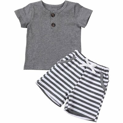 #ad Baby Boys Toddler Casual Cotton T Shirt Tops Stripe Shorts Pants Outfit Clothes $0.99