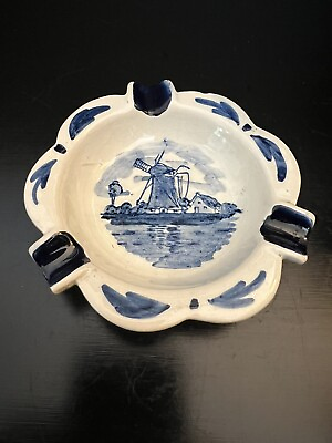 #ad Vintage Dutch Hand Painted Blue Delft Windmill Ashtray $18.99