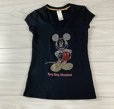 #ad Disneyland Hong Kong Medium Shirt Womens Beaded Mickey Mouse Graphic Black $15.37