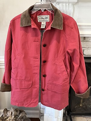 #ad Vintage LL Bean Barn Coat Women#x27;s Chore Jacket Red Corduroy Collar Cotton Small $52.20