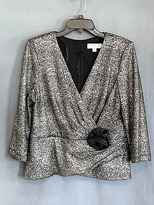 #ad Jackie Jon New York Womens XL Gold amp; Black Shimmery Evening Blouse 3 4 Sleeve $22.95