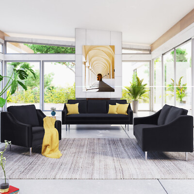 #ad Modern Style Sofa Set Velvet Upholstered Couch Black 123 Seat $1319.99