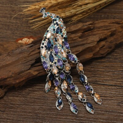 #ad Large Long Crytal Tassel Peacock Brooch for Women Lady Luxury Fashion Animal Pin $7.19