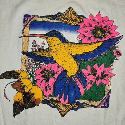 #ad VTG Single Stitch Hummingbird Floral Graphic T Shirt Anvil Red Bar Womens Medium $19.50