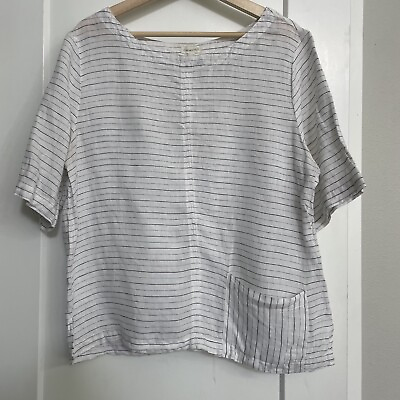 #ad Garnet Hill Womens 100% Linen Shirt Short Sleeve Striped Boxy Pullover $15.00