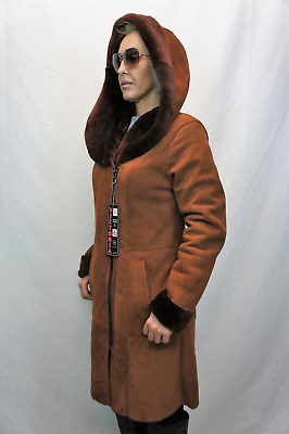 #ad NEW 100% GENUINE REAL SHEEPSKIN Shearling SUEDE Leather COGNAC Coat Hood XS 6XL $314.10