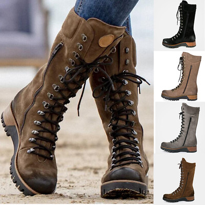 #ad Womens Lace Up Knee High Calf Boots Ladies Winter Military Combat Biker Shoes $37.79