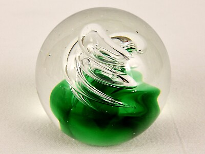 #ad Vintage Glass Ball Paperweight 3 1 2quot; Emerald Green Spiraled Tubes Bubbles $29.95