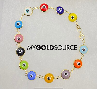 #ad 14k Gold Multi Color Evil Eye Yellow Gold Bracelet 7.5 Inches $408.59