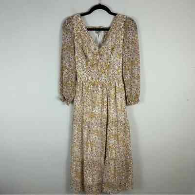 #ad Sincerely Jules Yellow and Tan Floral Tiered Long Sleeve Midi Dress Medium $25.00