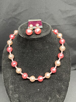 #ad Signed Japan Pink Beaded Necklace And Matching Dangle Clip On Earrings. $25.00
