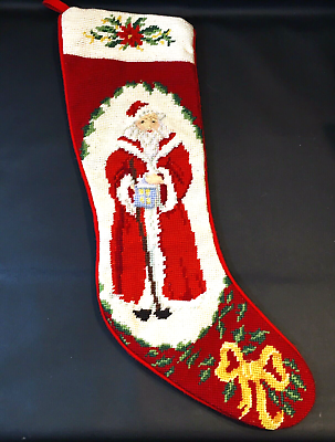 #ad Wool Needlepoint Stocking Old World Santa Claus Lined Red Cotton Felt Back 19quot; $24.98