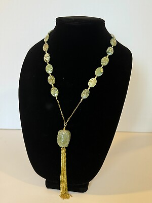 #ad VTG Green Jade and Rainforest Jasper Stone Tassel Necklace Charity DS12 $79.99