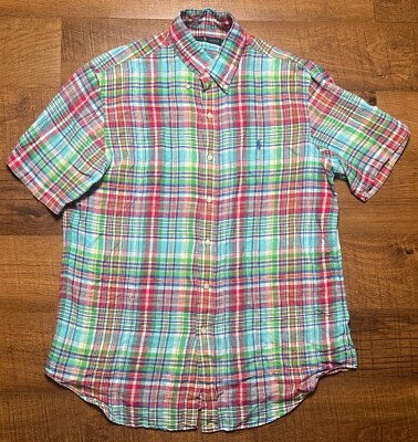 #ad Polo Ralph Mens Lauren 100% Linen Plaid Button Down Shirt Size Medium Colorful $21.99