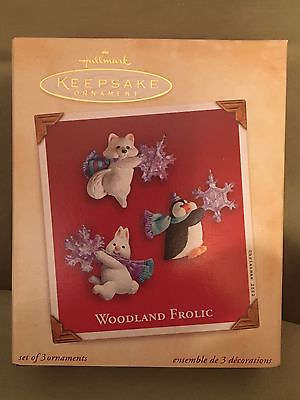 #ad 2002 HALLMARK Set of 3 ORNAMENTS Penguin Bunny Fox SNOWFLAKES Woodland Frolic $8.00