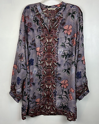 #ad Soft Surroundings Tunic Top 2X Button Up Floral Cotton Long Sleeve Lavender Read $43.99
