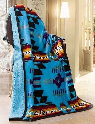 Southwestern Aztec Sherpa Borrego Fleece Throw Blanket Turquoise $34.99