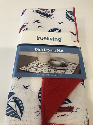 #ad True Living Dish Drying Mat Sailboats Red White Navy 16” X 18” Red Back $7.99