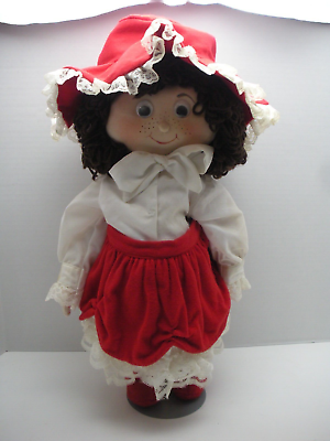 #ad Vtg Soft Sculpt Handmade Cloth Doll Googly Eyes Yarn Hair Red White Outfit 18in $39.49
