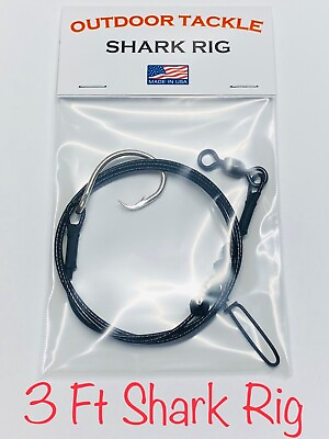 #ad 3Ft Castable Shark Fishing Rig 480lb. Black Wire Circle Hook $3.99