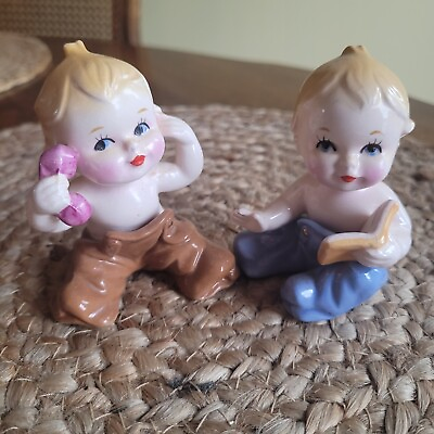 #ad Vtg Pair of Kitschy Blonde Baby Figurines on Phone amp; Reading a Book Japan 3.25quot; $29.99