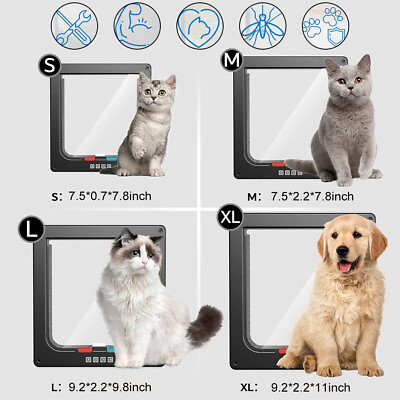 #ad 4 Way Pet Cat Puppy Dog Black Lockable Safe Flap Door Magnetic Lock Frame ABS $12.50