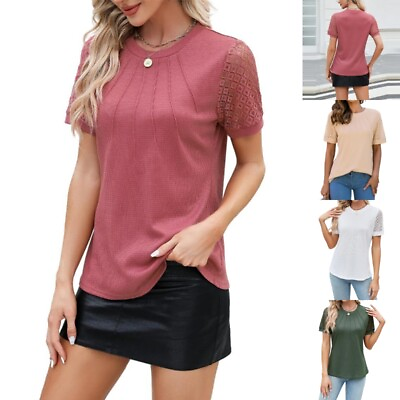 #ad Ladies Blouses Short Sleeve T Shirt Women Comfy Holiday Waffle Knit Shirts Lace $18.99