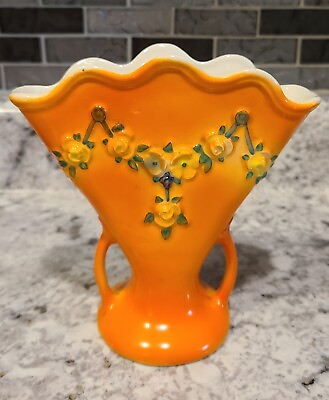 #ad Vintage Czechoslovakia Orange Fan Shaped Vase $29.95