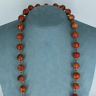 #ad Red Beaded Necklace Wooden? Long Brass Tone Vintage GBP 10.00