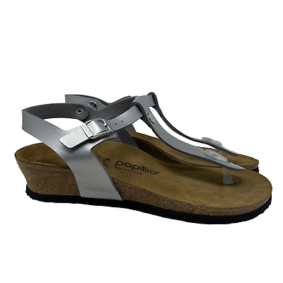#ad Papillio By Birkenstock Size 6 Ashley Wedge T Strap Strap Sandals Silver size 37 $99.00