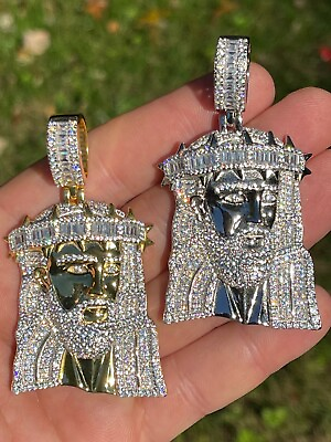 #ad Men#x27;s Large 925 Silver Gold Plated Jesus Piece Iced Hip Hop Necklace Baguette CZ $109.60