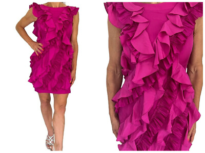 #ad Marchesa Notte Hot Pink Silk Sleeveless Ruffle Mini Sexy Cocktail Dress Size 0 $49.29