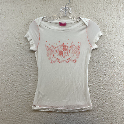 #ad Y2K 2000s BCBGirls White Pink Unicorn Crest Graphic Cap Sleeve Top XS S Small $57.80