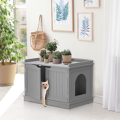 #ad Wooden Cat Litter Box Enclosure Cat Washroom Furniture Cat House Side Table Gray $72.58