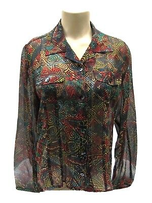 #ad Chicos Womens L S Silk Button Front Shirt Blouse 1 or 8 Misses Black Multi Color $24.99