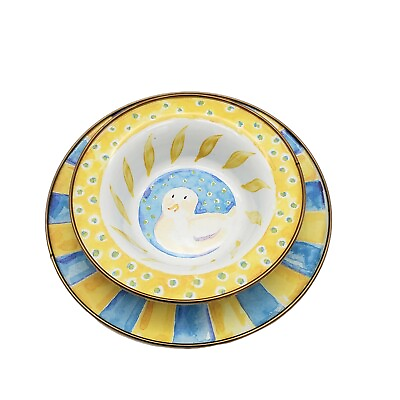 #ad MacKenzie Childs Yellow Duck Enamel 2 Piece Children#x27;s Set Plate and Bowl $53.55